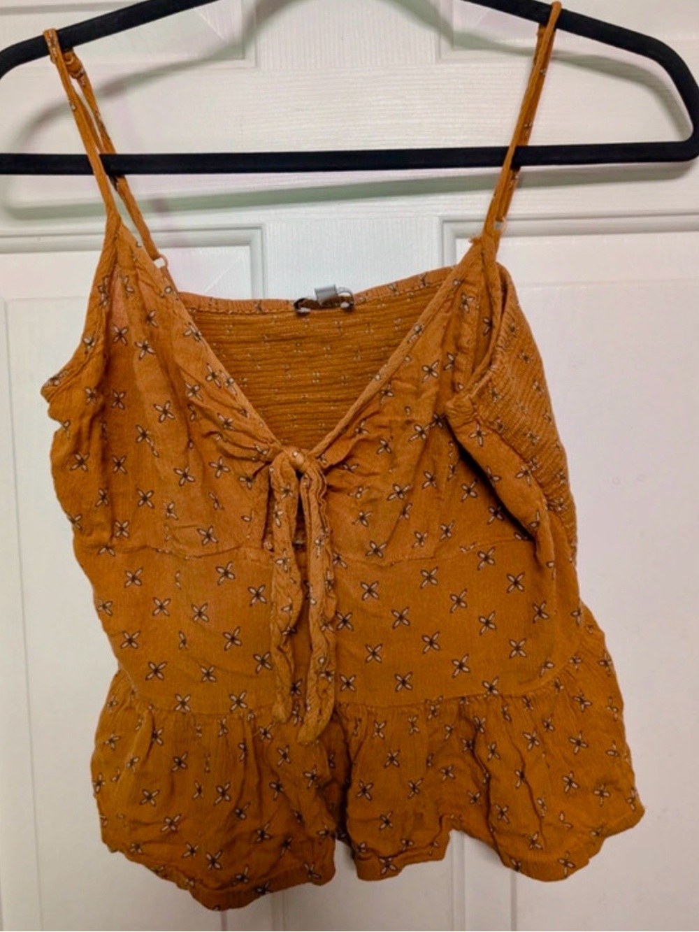 Patrons of Peace Brown Floral Spaghetti Strap Tie-Front Peplum Tank Top M